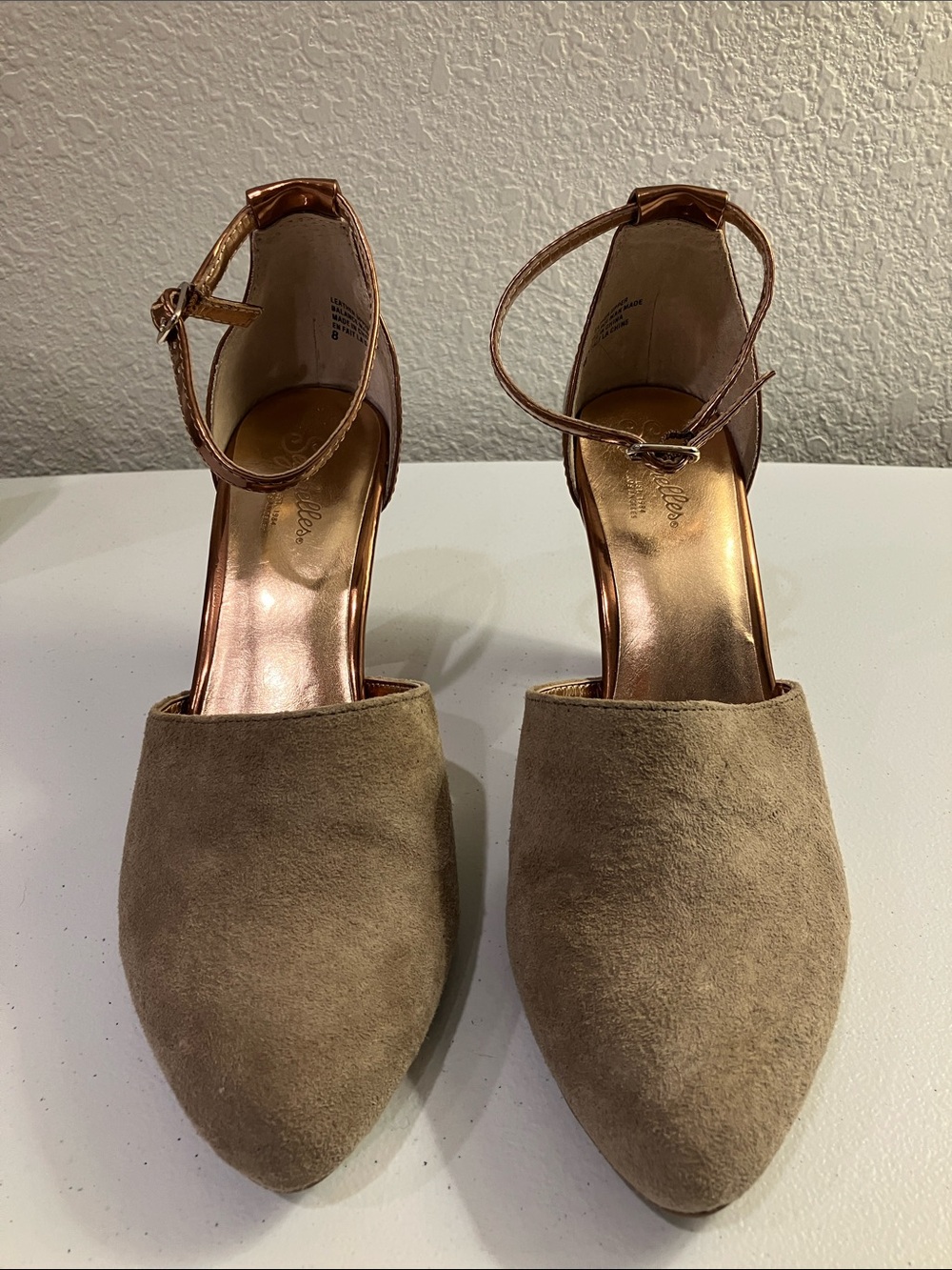 Seychelles Rose Gold and Camel Suede Heels